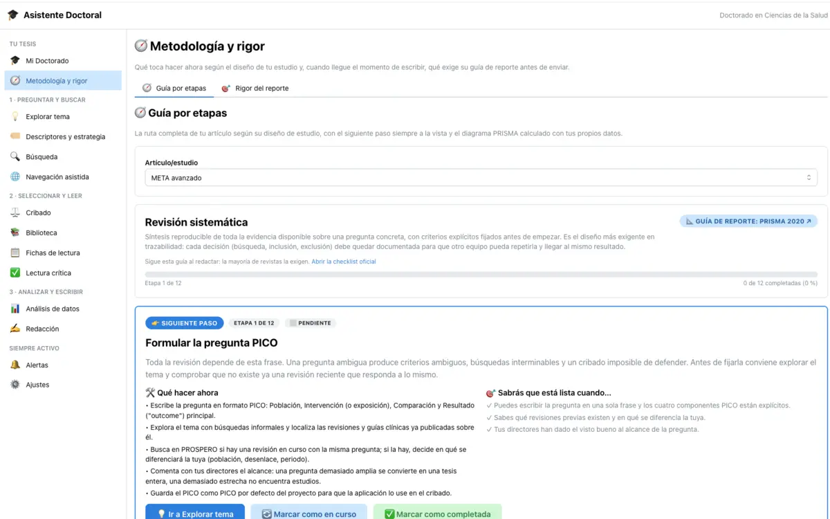 Pantalla de metodología y rigor del Asistente Doctoral